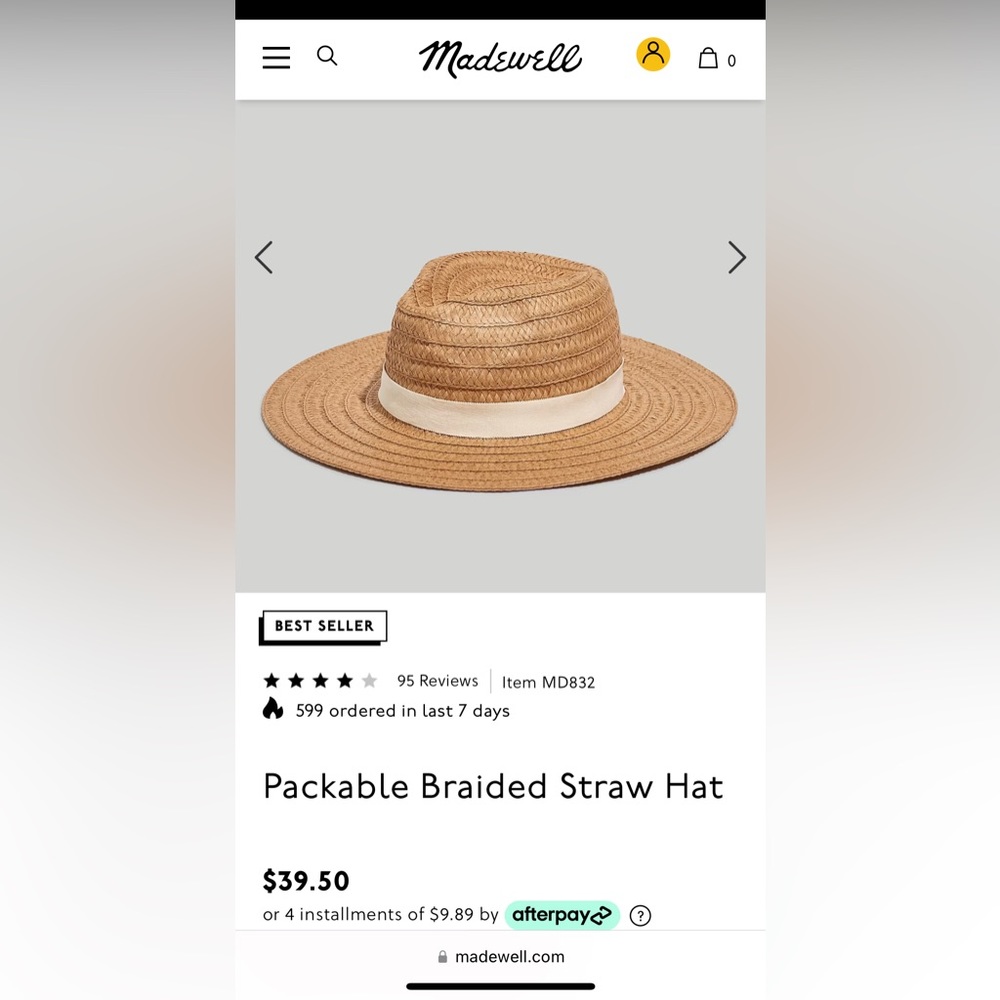 Madewell packable braided straw hat, size S/M, Nutmeg color